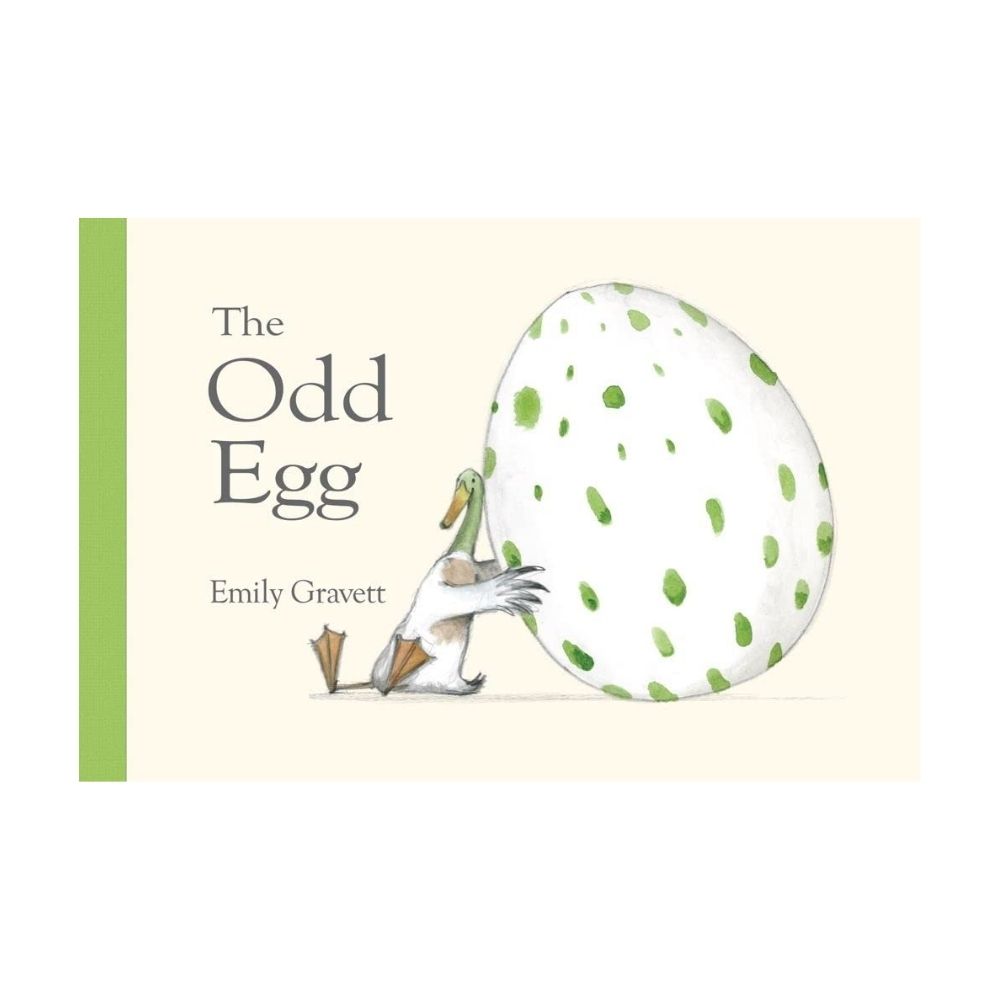 Book cover of 'The Odd Egg' by Emily Gravett with a cartoon duck and large spotted egg.