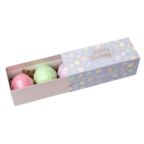Three bath bombs in a decorative box with 'Happy Birthday' text and Colb + Co branding.
