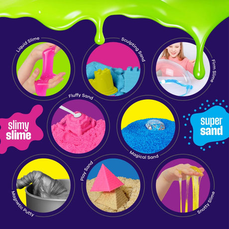 Promotional graphic for slimy slime products including liquid slime, sculpting sand, fluffy sand, firm slime, super sand, magical sand, play sand, magnetic putty, and snarky slime.