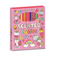 Pink packaging of a scented coloring set with cartoon characters on a white background