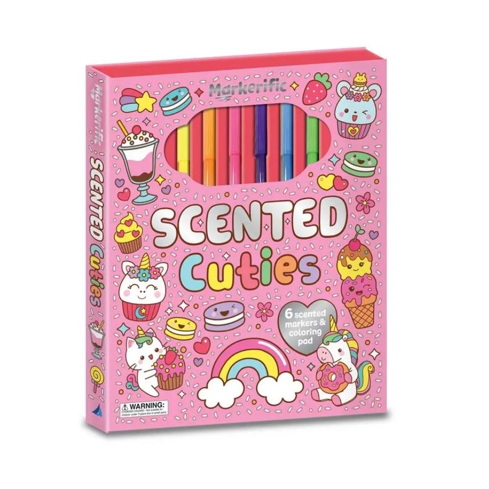 Pink packaging of a scented coloring set with cartoon characters on a white background