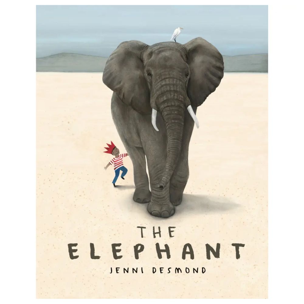 Book cover of 'The Elephant' by Jenni Desmond featuring an elephant and a child on a desert landscape.