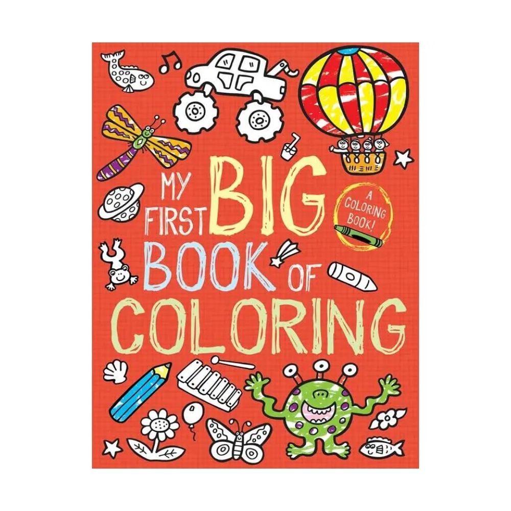 Coloring book cover with various illustrations and text on a red background