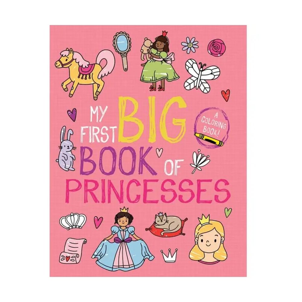 Book cover of 'My First Big Book of Princesses' with colorful illustrations on a pink background.