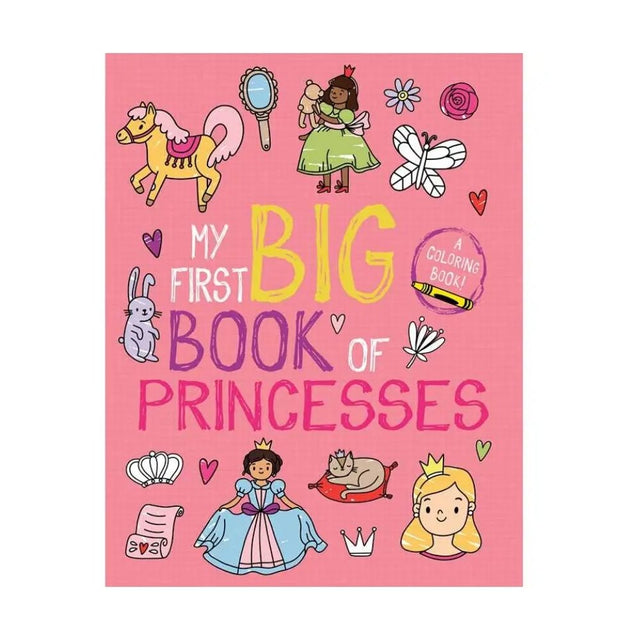 Book cover of 'My First Big Book of Princesses' with colorful illustrations on a pink background.