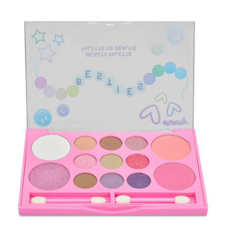 Makeup palette with colorful shades and a branded box on a white background