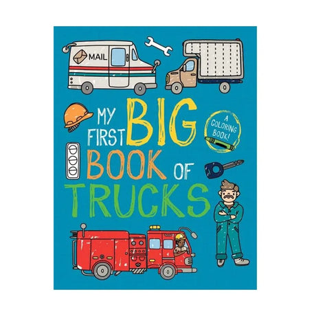 Book cover of 'My First Big Book of Trucks' with illustrations of trucks and a child on a blue background.