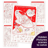 Coloring sheets with hidden picture activities and space-themed design.