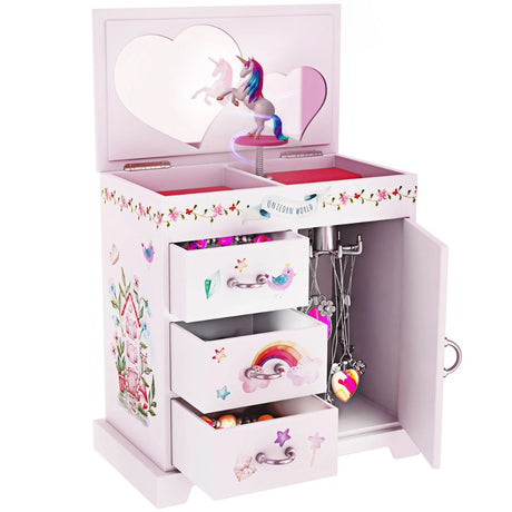 Unicorn-themed jewelry box with drawers and a mirror on a white background