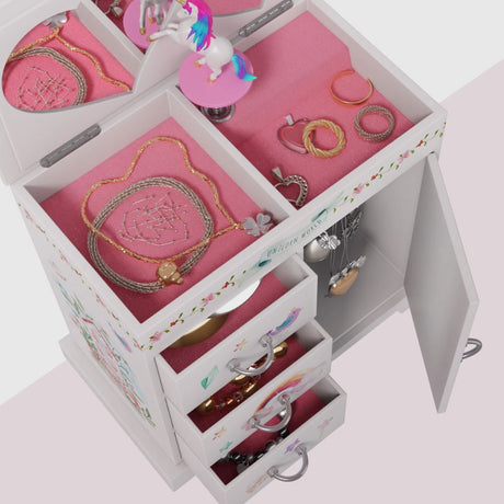 Jewelry organizer with pink interior and various jewelry items on a white background