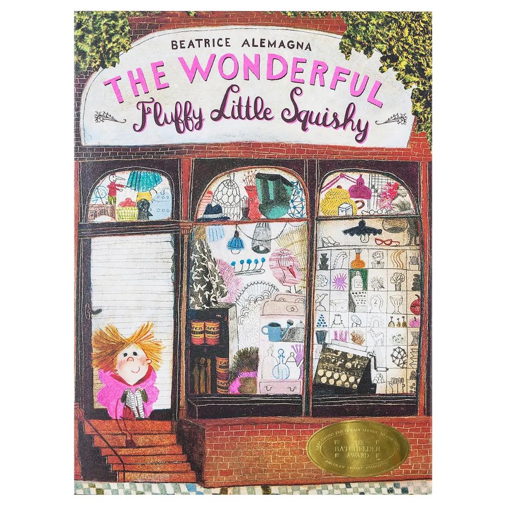 Book cover of 'The Wonderful Fluffy Little Squishy' with a store front illustration and character.
