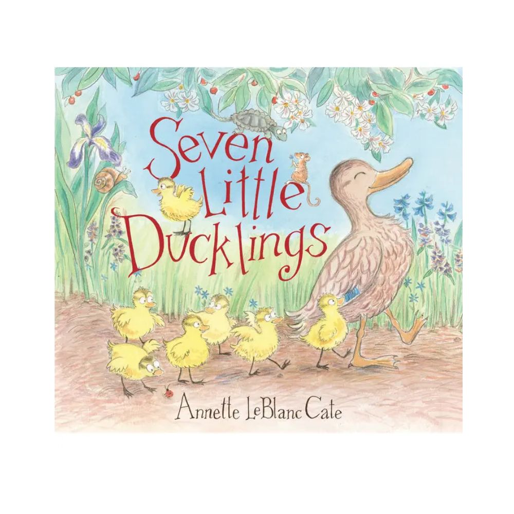 Book cover of 'Seven Little Ducklings' with a duck and ducklings in a garden setting.