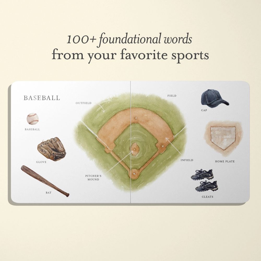 Educational book about baseball with illustrations of equipment on a beige background
