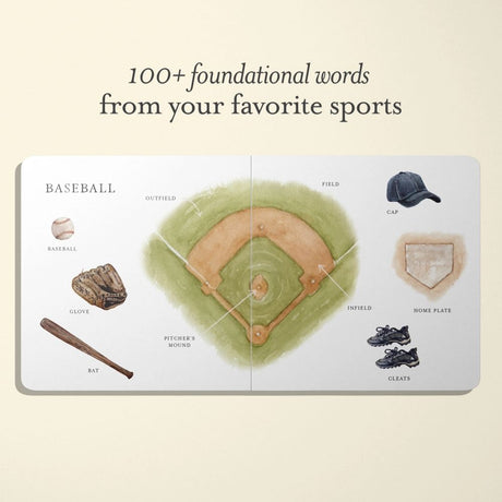Educational book about baseball with illustrations of equipment on a beige background
