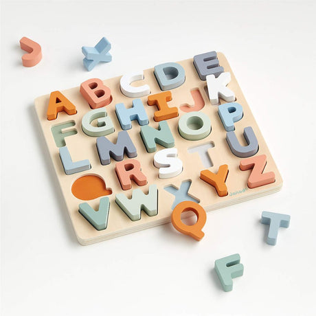 Wooden alphabet puzzle with colorful letters on a white background