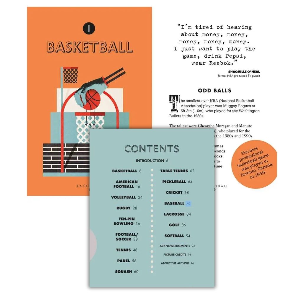 Book or magazine page with basketball illustration and contents list on an orange and light blue background.