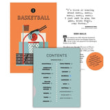 Book or magazine page with basketball illustration and contents list on an orange and light blue background.