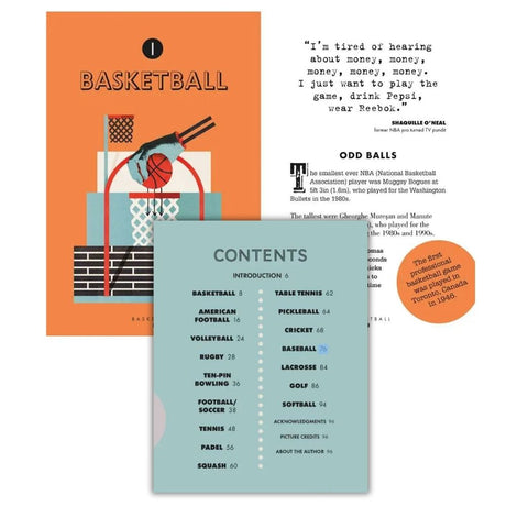 Book or magazine page with basketball illustration and contents list on an orange and light blue background.
