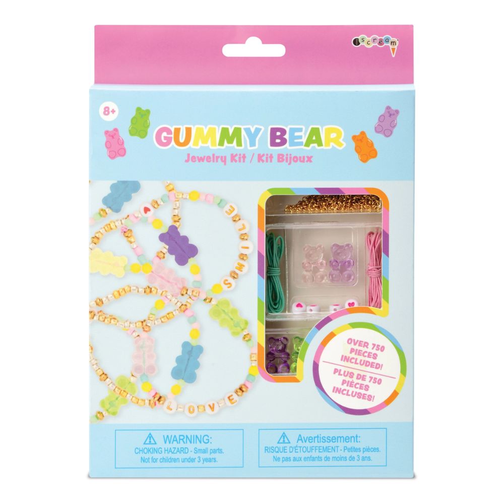 Gummy Bear jewelry kit packaging with colorful beads and tools on a white background