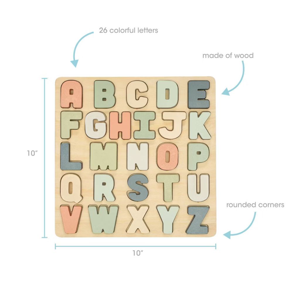 Wooden alphabet puzzle with colorful letters, dimensions, and material information on a white background.