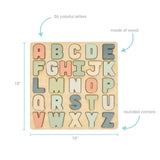 Wooden alphabet puzzle with colorful letters, dimensions, and material information on a white background.