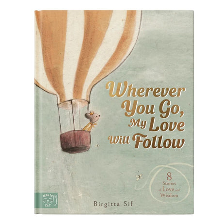Book cover of 'Wherever You Go, My Love Will Follow' with a hot air balloon and teddy bear illustration.