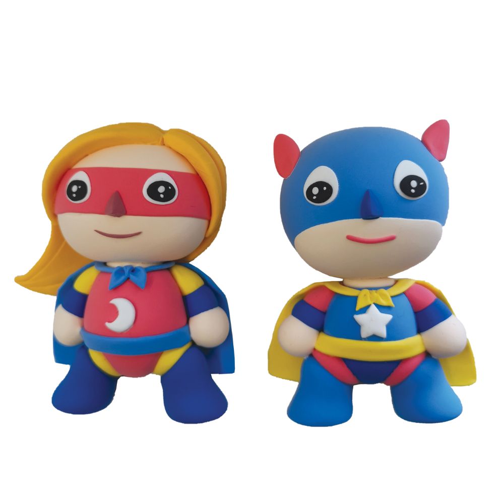 Two colorful superhero figurines on a white background