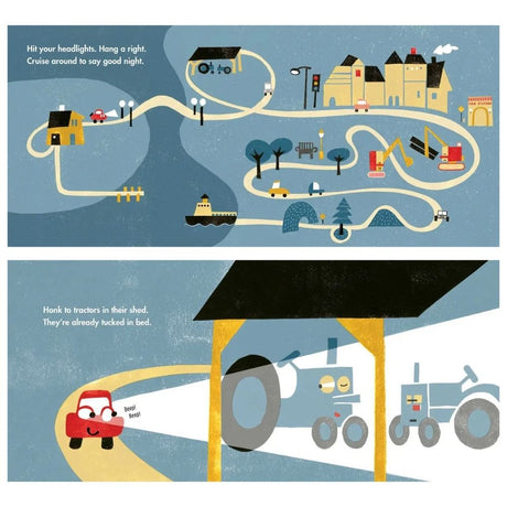 Illustrated scene with a car and tractors, featuring a night-time journey and interaction.