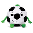 Plush toy shaped like a soccer ball with green legs and arms on a white background