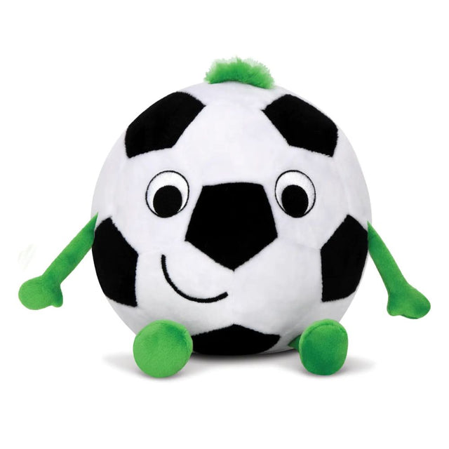 Plush toy shaped like a soccer ball with green legs and arms on a white background