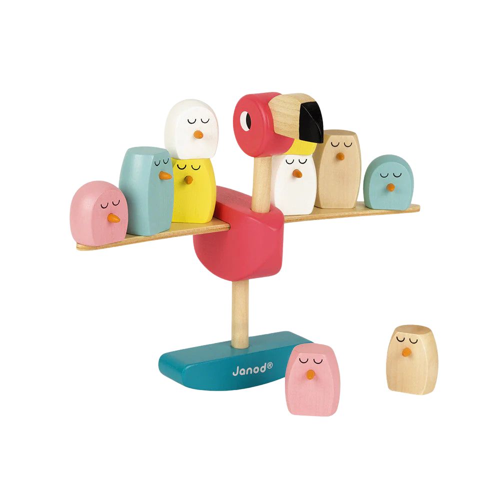 Colorful wooden bird balance toy with 'Janod' branding on a white background
