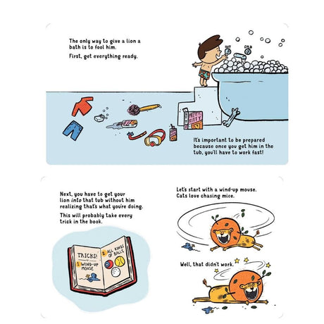 Comic strip about giving a lion a bath with text and illustrations.