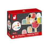 Balancing game packaging with colorful bird figures on a white background