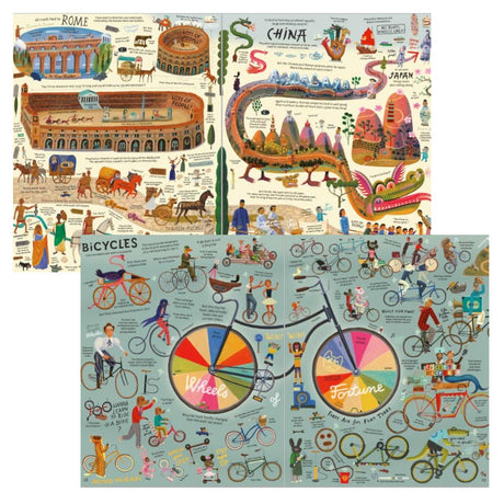 Illustrated collage of bicycles and cultural landmarks from different countries.