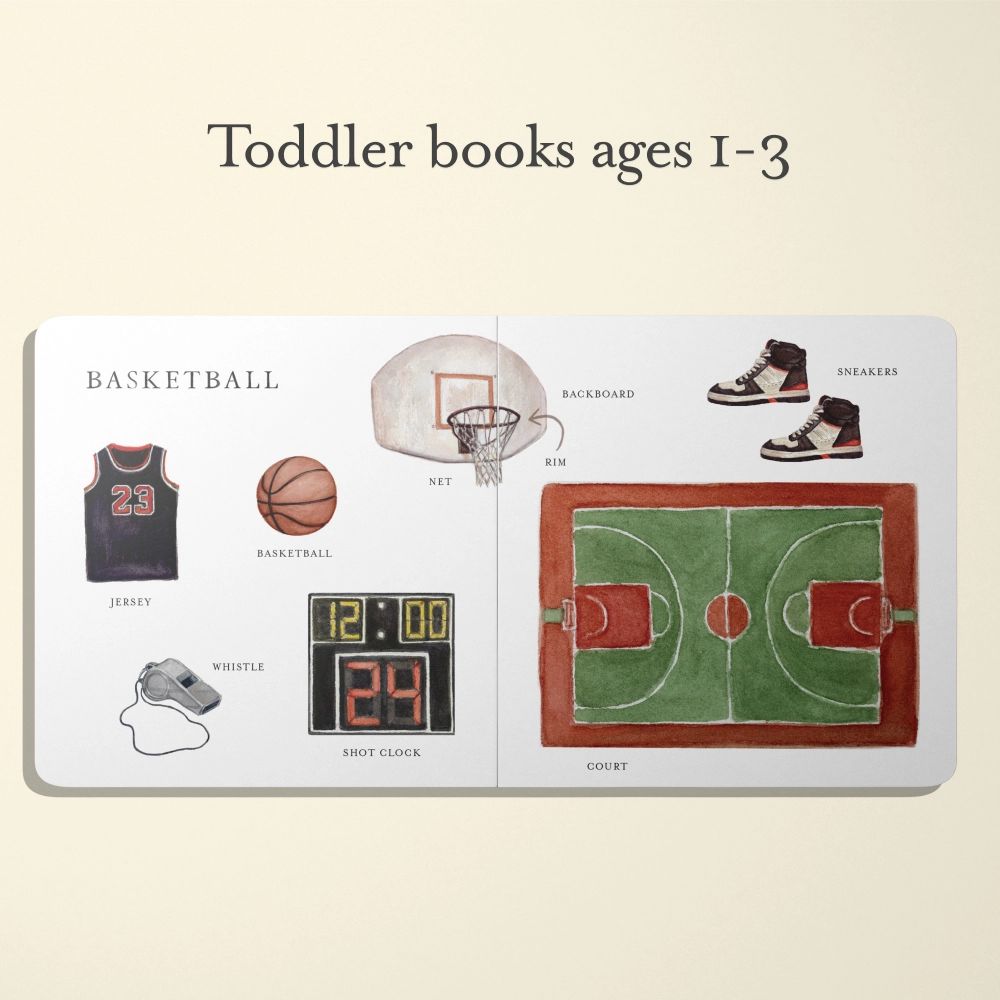 Open book showing illustrations of basketball-related items on a beige background.