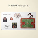 Open book showing illustrations of basketball-related items on a beige background.