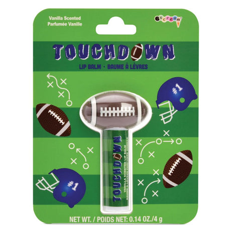 Lip balm packaging with football design on a green background