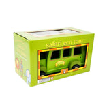 Green toy safari vehicle in a box with 'Safari eco tour' text on a white background