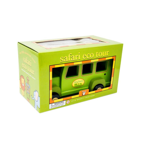 Green toy safari vehicle in a box with 'Safari eco tour' text on a white background