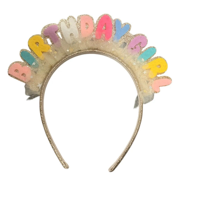 Colorful 'Happy Birthday' headband on a white background