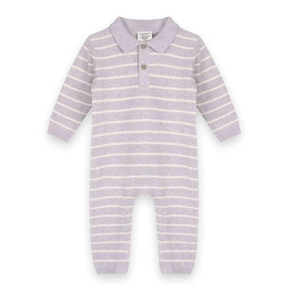 Gray and white striped baby onesie on a white background