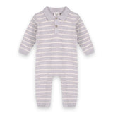 Gray and white striped baby onesie on a white background