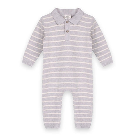 Gray and white striped baby onesie on a white background