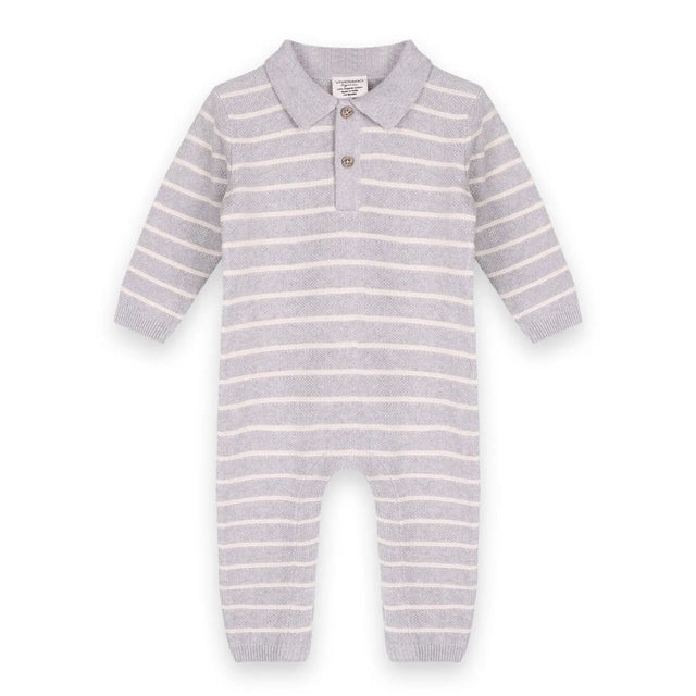 Gray and white striped baby onesie on a white background