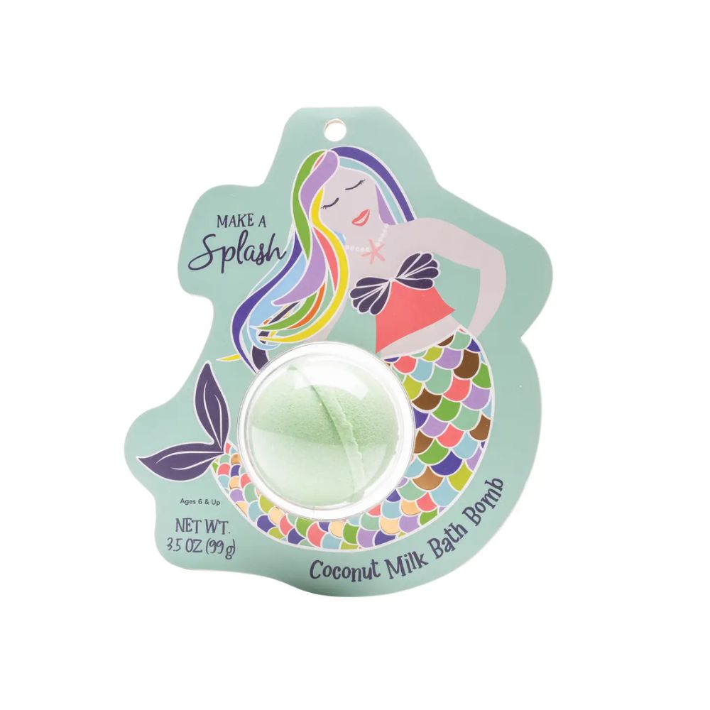 Coconut milk bath bomb packaging with mermaid design on a light green background