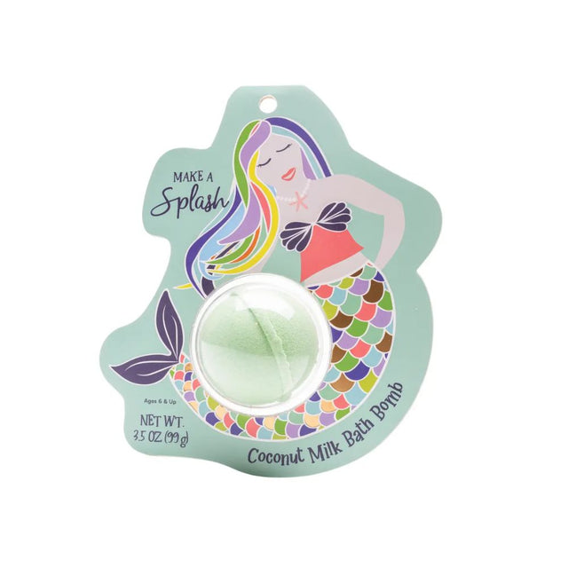 Coconut milk bath bomb packaging with mermaid design on a light green background