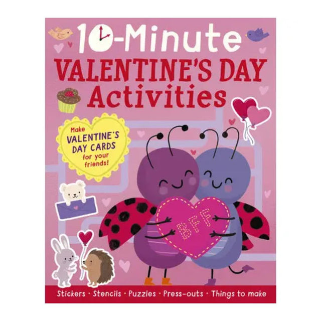 Book cover of '10-Minute Valentine's Day Activities' with ladybug characters holding a heart.