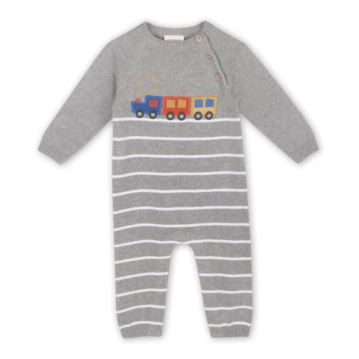 Gray and white striped baby romper with colorful train design on a white background