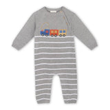 Gray and white striped baby romper with colorful train design on a white background