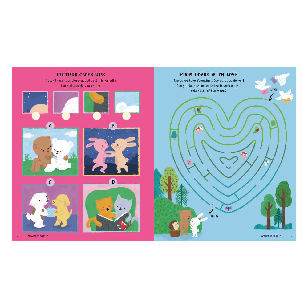 Educational children's page with picture close-ups and a maze on a pink and blue background.